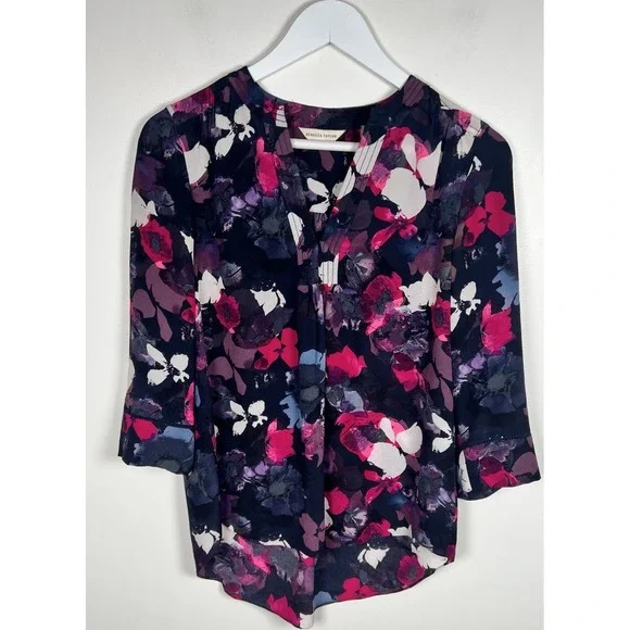 Rebecca Taylor Size‎ 2 Black Floral 100% Silk Tunic Blouse 3/4 Sleeves High Low - Picture 2 of 9